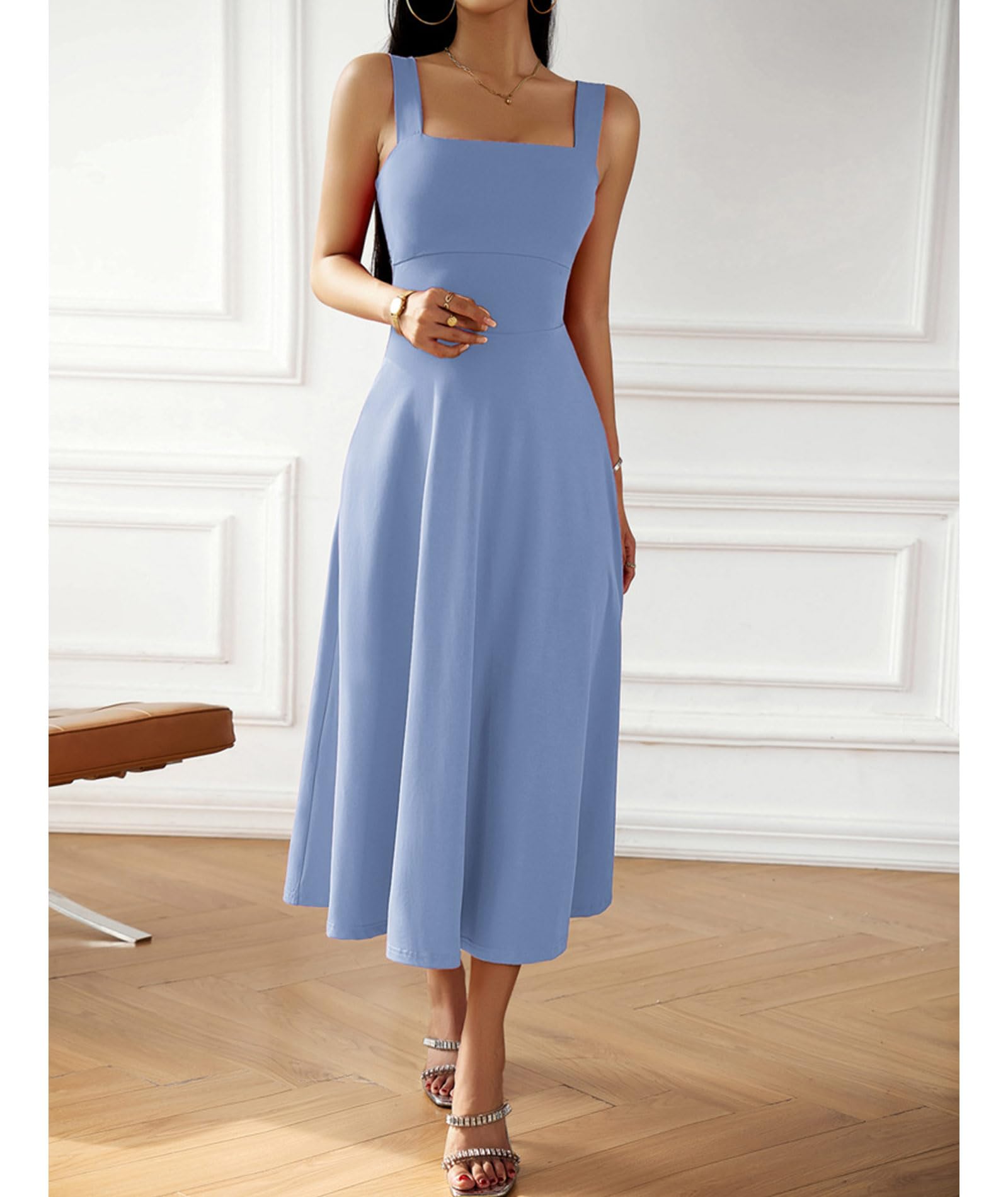 xxxiticat Mujer Elegante Vestido Midi 2024 Casual Sin Mangas Cuello Cuadrado Línea A Vestido de Cóctel Fiesta
