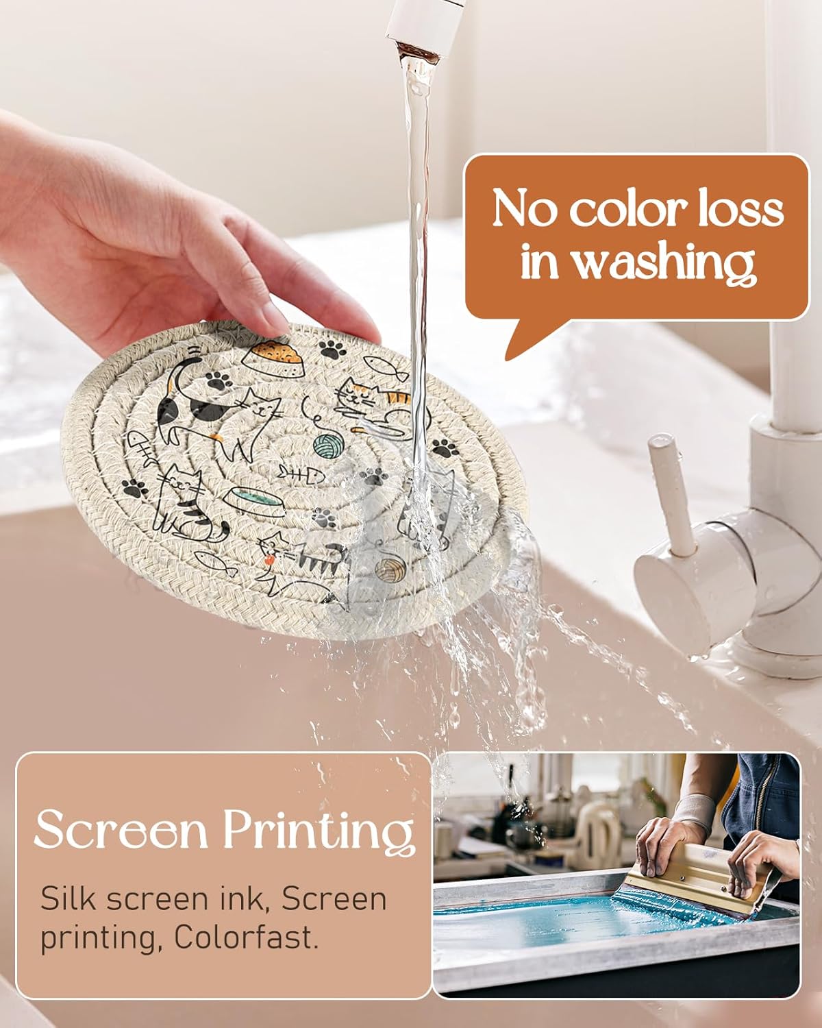 Drink Coasters Set of 4 - Cute Absorbent Cup Coasters for Drinks Coffee Table Office Home Desk Decor Soft Woven Cotton Cloth Braided Fabric Drinking Cup Mat with Holder Kawaii Cat Dog Animals - Image 2