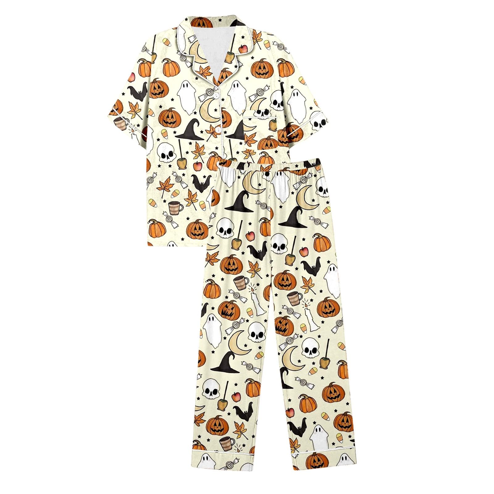 Genérico Conjuntos Pijama Mujer Halloween Satén Seda Manga Corta Abotonado Pantalones Cortos Ropa Dormir Cómoda Elegante Otoño Invierno
