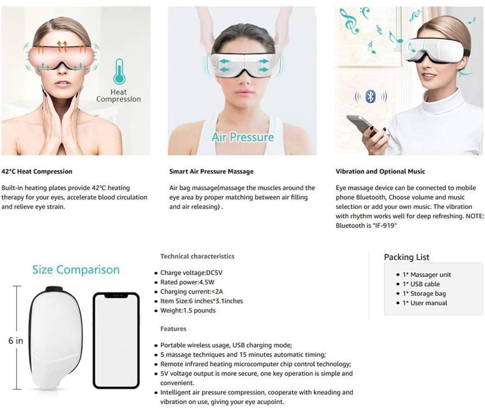 Masajeador de ojos eléctricos con calor, compresión de aire, música bluetooth, masajeador de ojos inalámbricos para aliviar los ojos secos, la fatiga ocular, la mejora de la circulación sanguín