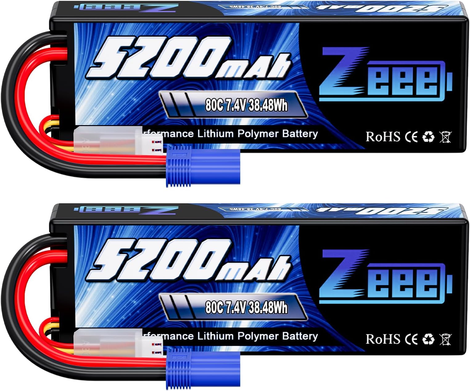 Zeee 2S Lipo Battery 5200mAh 7.4V 80C 38.48Wh Hard case Battery with EC5 Plug for 1/8 1/10 RC Vehicles Car RC Buggy Truggy RC Airplane UAV Drone FPV(2 Pack)