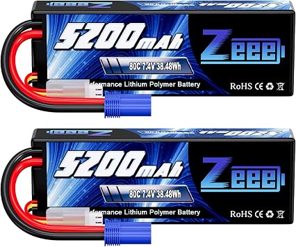 Zeee 2S Lipo Battery 7.4V 5200mAh 80C Hard Case Battery with EC5 Plug Compatible with 1/8 1/10 RC Vehicles Car Slash RC Buggy Truggy Airplane Drone2 Pack
