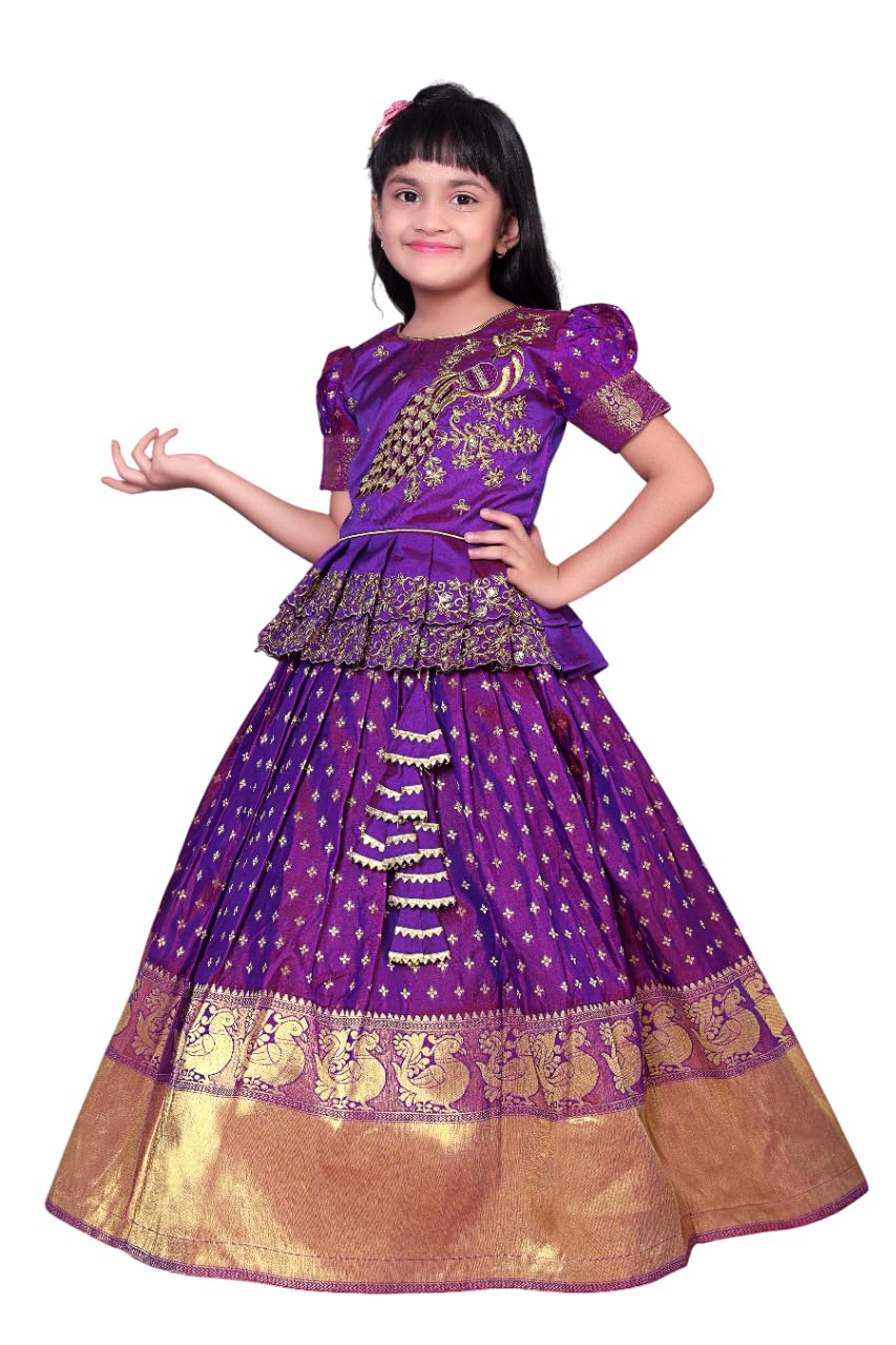 White Button New South Indian Traditional Pattu Pavadai Jecquard Lehenga Choli For Girls Dress