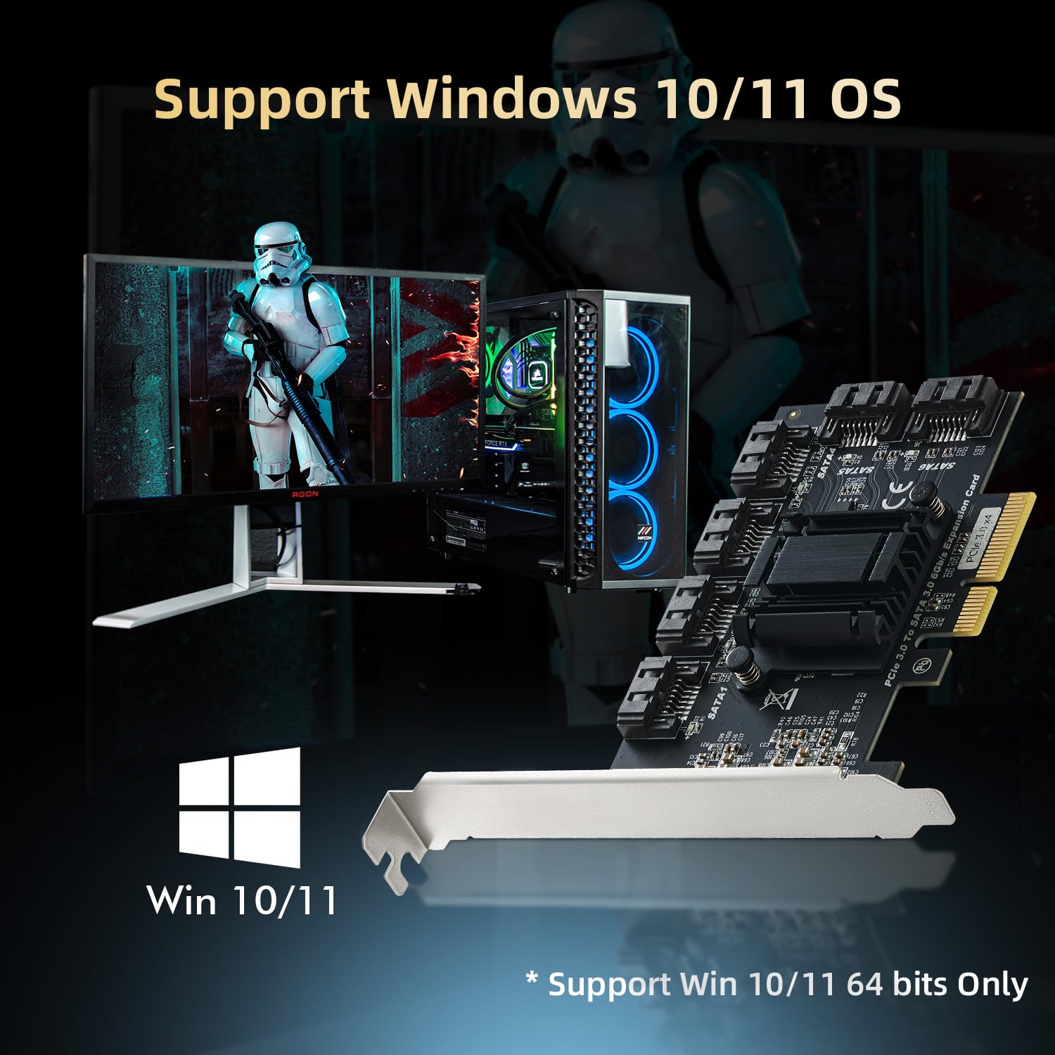 Binardat PCIE X4 zu SATA Karte 6 Port, 6Gbps SATA 3.0 Controller, inkl. 6 SATA Kabel und Low Profile Halterung, für Windows 10/11