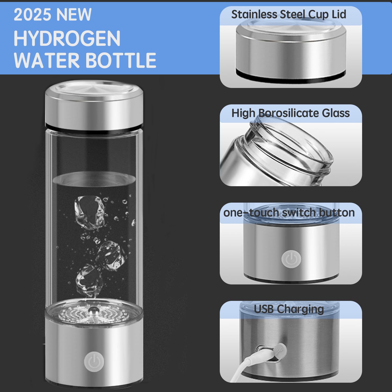 Hydrogen Water Bottle Generator | Portable Hydrogen-Rich Water Bottle with Glass Design & 14oz Portable Hydro Water Machine | Quick Hydrogen Infusion for Health, Fitness, Travel |