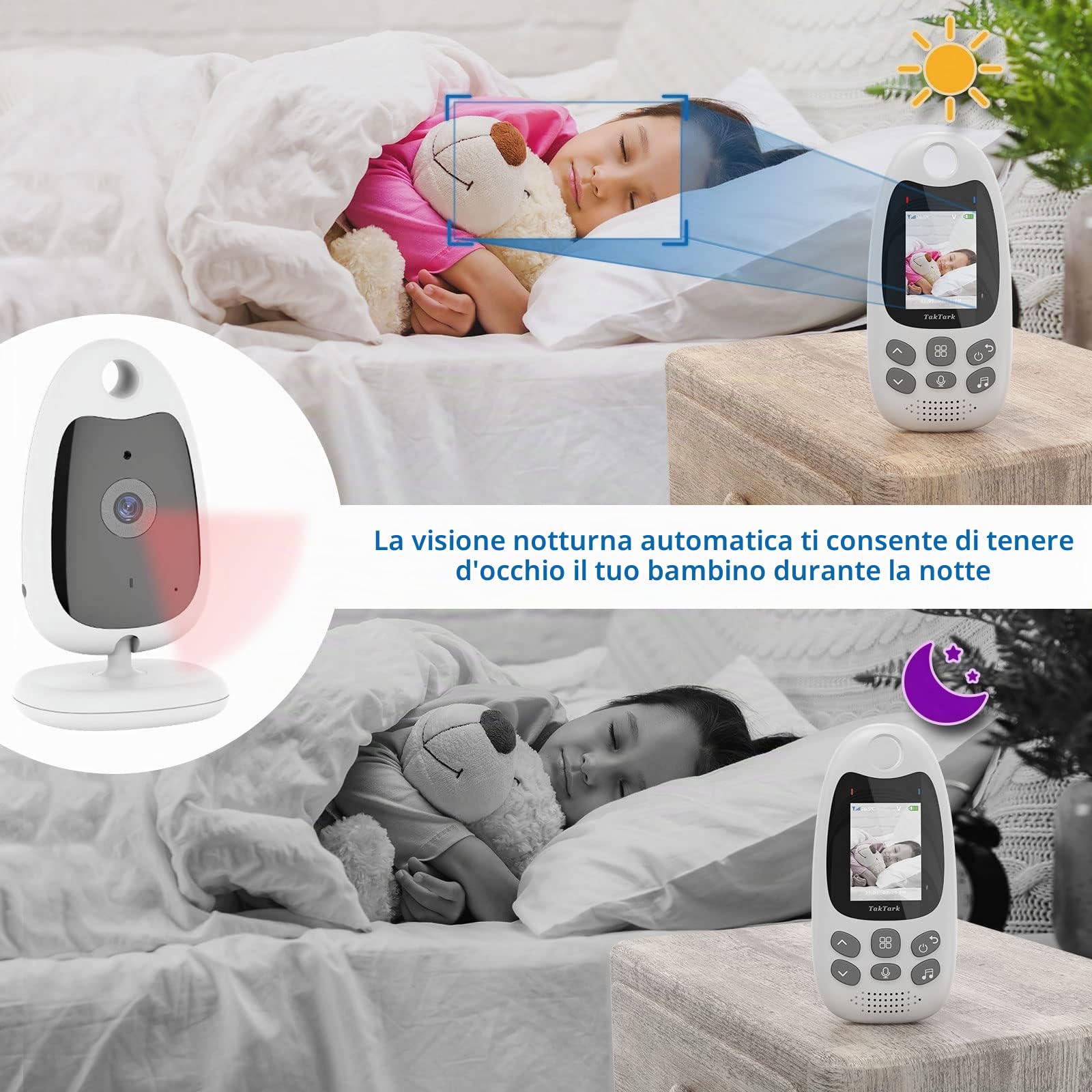 TakTark Baby Monitor, 2.0'' Videocamera Baby Monitor Video e Audio con Visione Notturna Telecamera Bambini con Monitor con Sensore di Temperatura e VOX, Monitor Bambini Ninne Nanne
