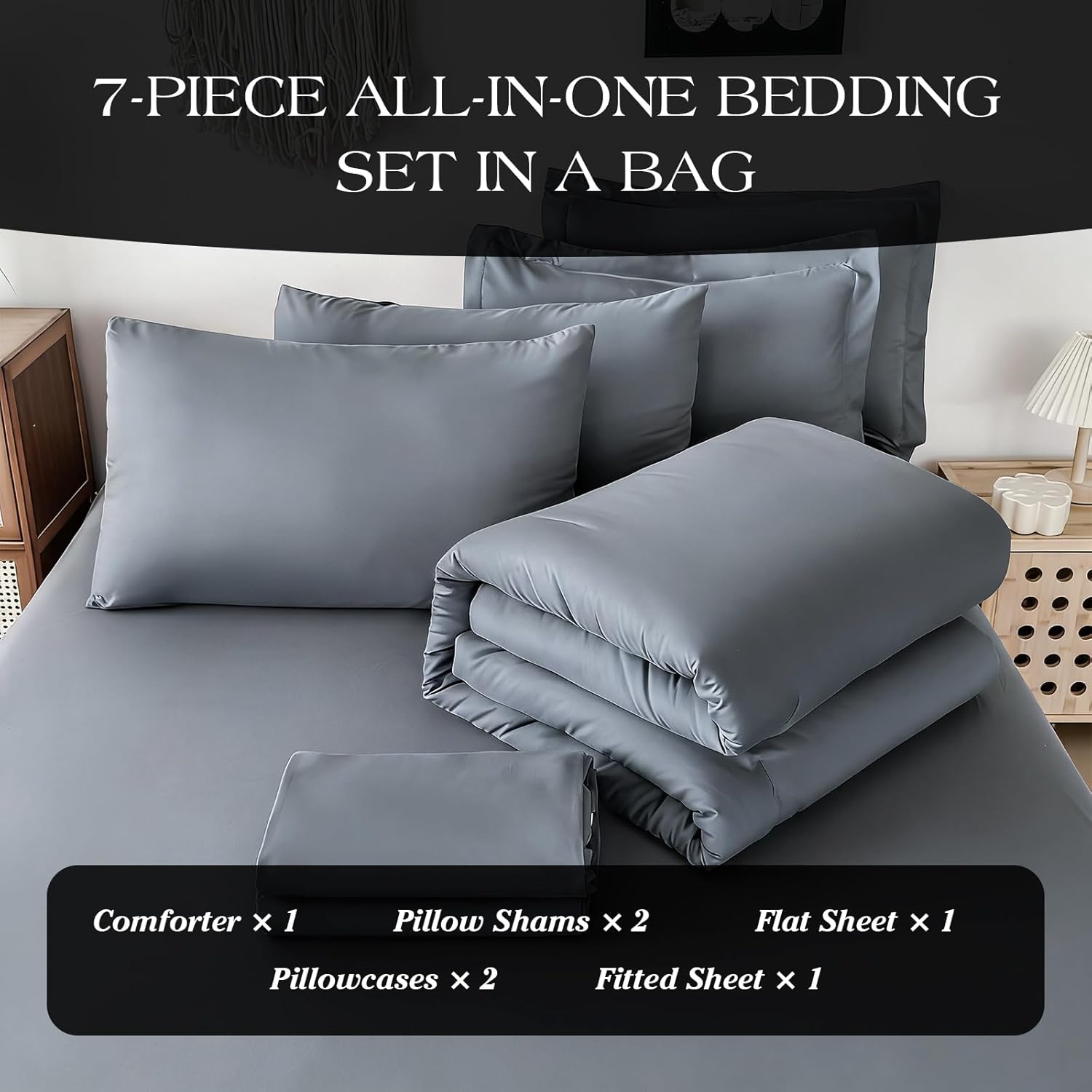 Double Brushed Micorfiber Twin Comforter Set Silver Gray- 7-Piece Bed in a Bag, All-Season Soft Bedding with Sheets & Envelope Pillowcases (68"x88",Twin)