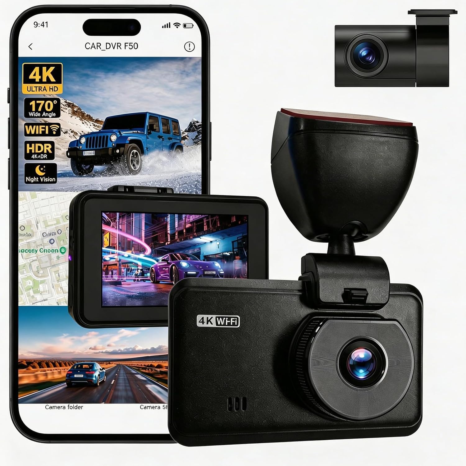 Photo 1 of Wireless Dash Cam Front and Rear, 4K +2.5KHD 2-Channel Dashcam, Built - in WiFi GPS, Night Vision, Loop Recording, 24H Parking Mode, G-Sensor and 3” IPS Screen;Memory Card not Included