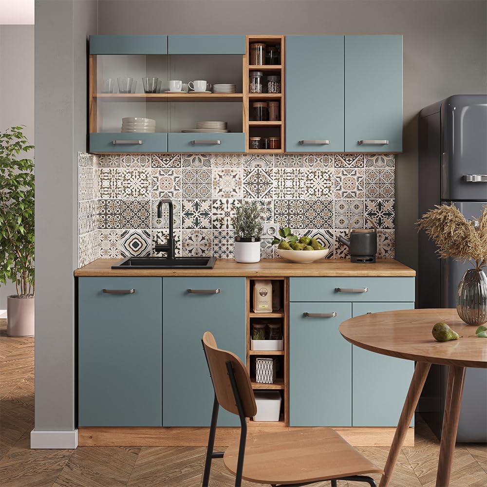 Vicco Cucina monoblocco R-Line, Rovere blu-grigio/oro, 160 cm Senza piano di lavoro, adatto per combinazioni ed espansioni personalizzate