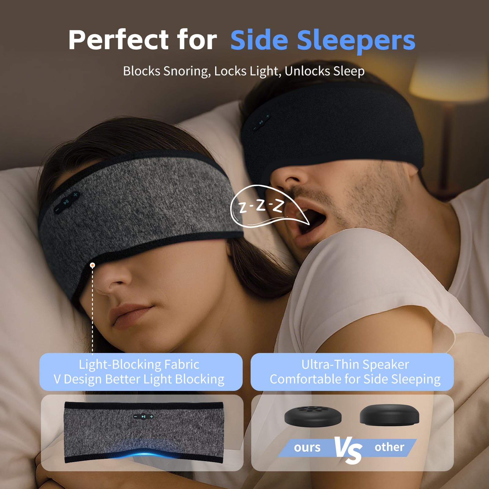 Cuffie per dormire con Bluetooth 6.0, fascia 3 in 1, per dormire, per chi dorme sul fianco, con 20 ore di riproduzione, stereo HD, archetto wireless rimovibile e lavabile, per fare sport durante il