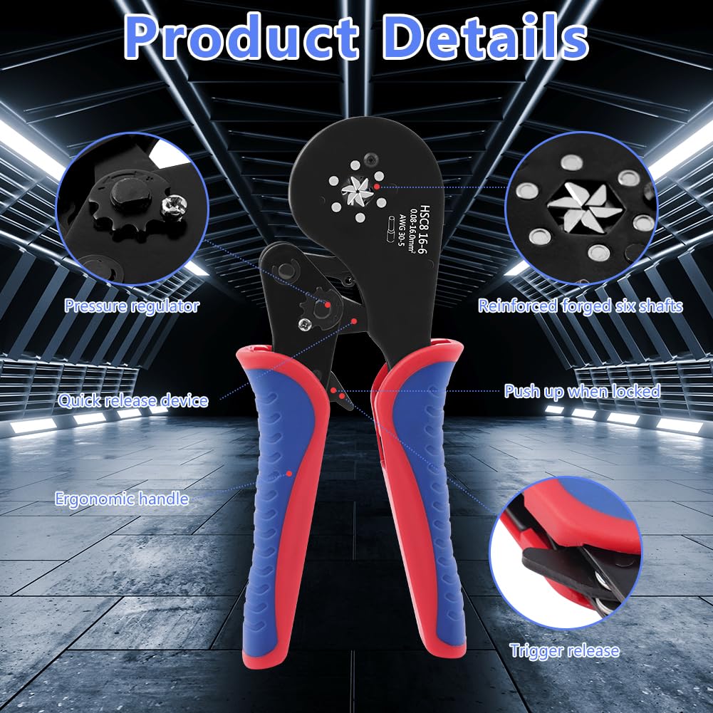AOOWU Pince à sertir, 0,08-16mm² Pince à Sertir Cosse Electrique, Pince à Sertir Les Cosses de Fils, Pinces à Sertir à Cliquet, Pince Electricien Cliquet Auto-Adjuvsable, Sertissage Précis