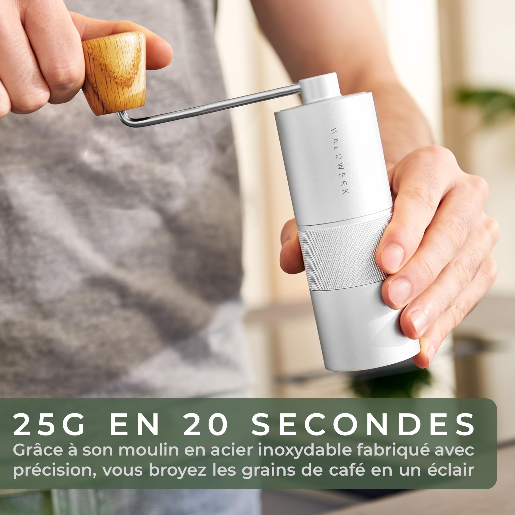 WALDWERK Moulin à Café Manuel en Acier Inoxydable - Coffee Grinder avec Poignée en Bois - Sans Plastique