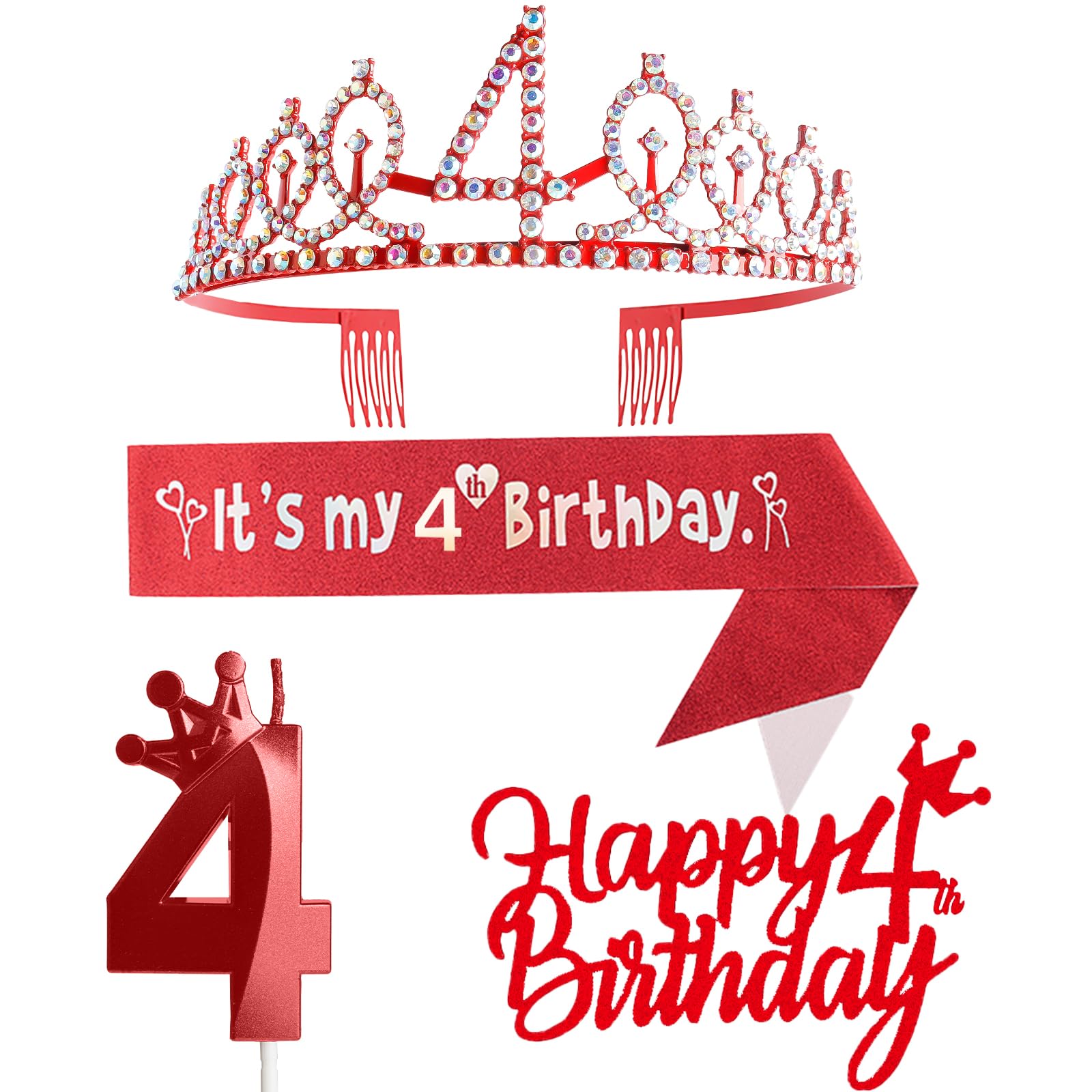Red 4th Birthday Party Supplies for Girl - Includes Crown, Sash, Cake Toppers, Number 4 Candles