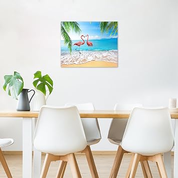 LB Pink Flamingo Beach Wall Art for Bathroom Tropical Green Palm Leaf Canvas Wall Art Wall Paintings Home Decor Blue Ocean Wall Pictures for Living Room Bedroom Office Ready To Hang,16x12 Inch