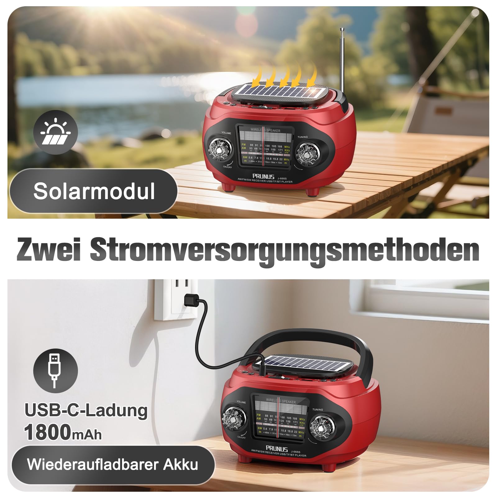 PRUNUS J-666 FM/AM/SW Retro Radio mit Bluetooth, Tragbares Radio mit 1800mAh Akku, Solar/USB-C Aufladbar, Küchenradio mit 15W-Lautsprecher, Satter Bass & Stereo-Sound, USB/TF/AUX Spielen.