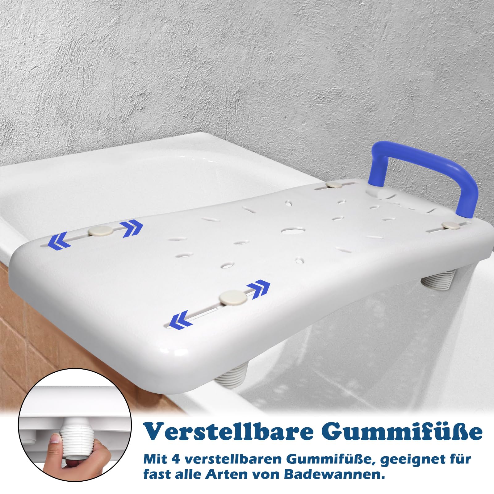 LARS360 Badewannenbrett Badewannensitz Senioren Erwachsene Einstellbar Wannenbrett zum Sitzen Brett für Badewanne Sitzbrett Stuhl für Badezimmer Max 150 kg mit Blau Griff, Weiß