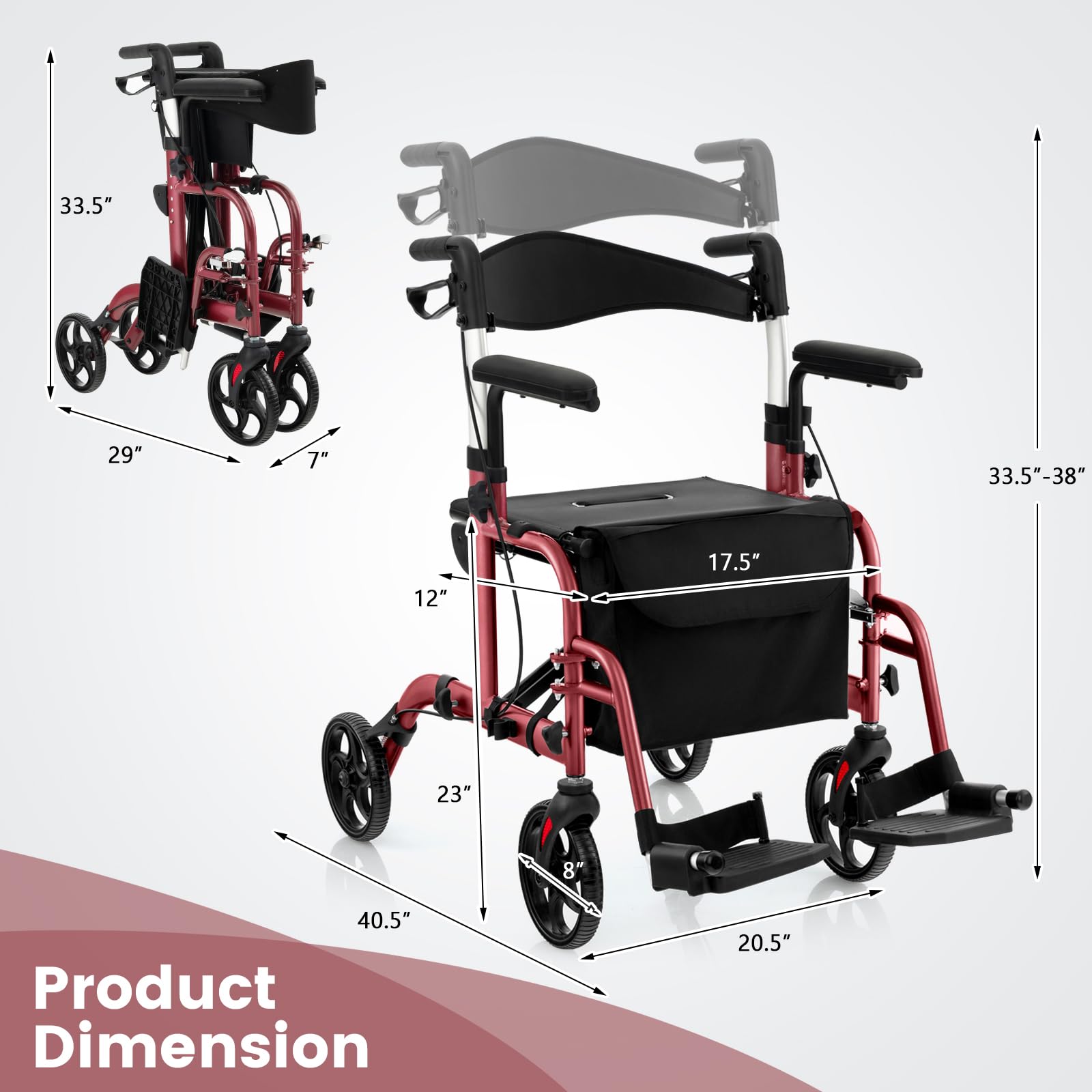 FANTASK Andador plegable y ligero, silla de ruedas 2 en 1 y andador de viaje con asiento, andador con bolsa, frenos dobles y soporte para bastones, carrito de 6 alturas ajustables para personas