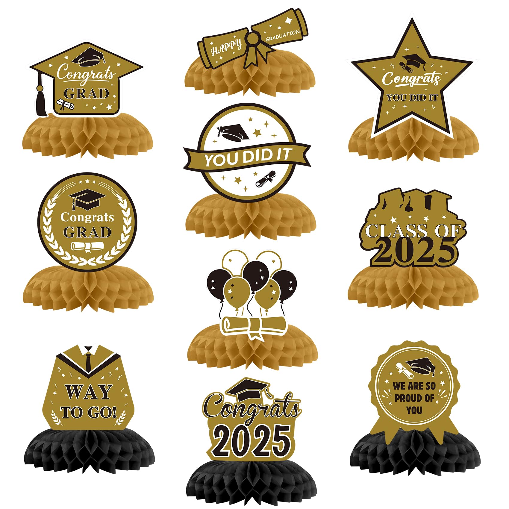 Graduation Decorations 2026, 10 PCS Black and Gold Graduation Honeycomb Centerpieces for Tables Decor Cap Toppers Party Favors Supplies Gifts Photo