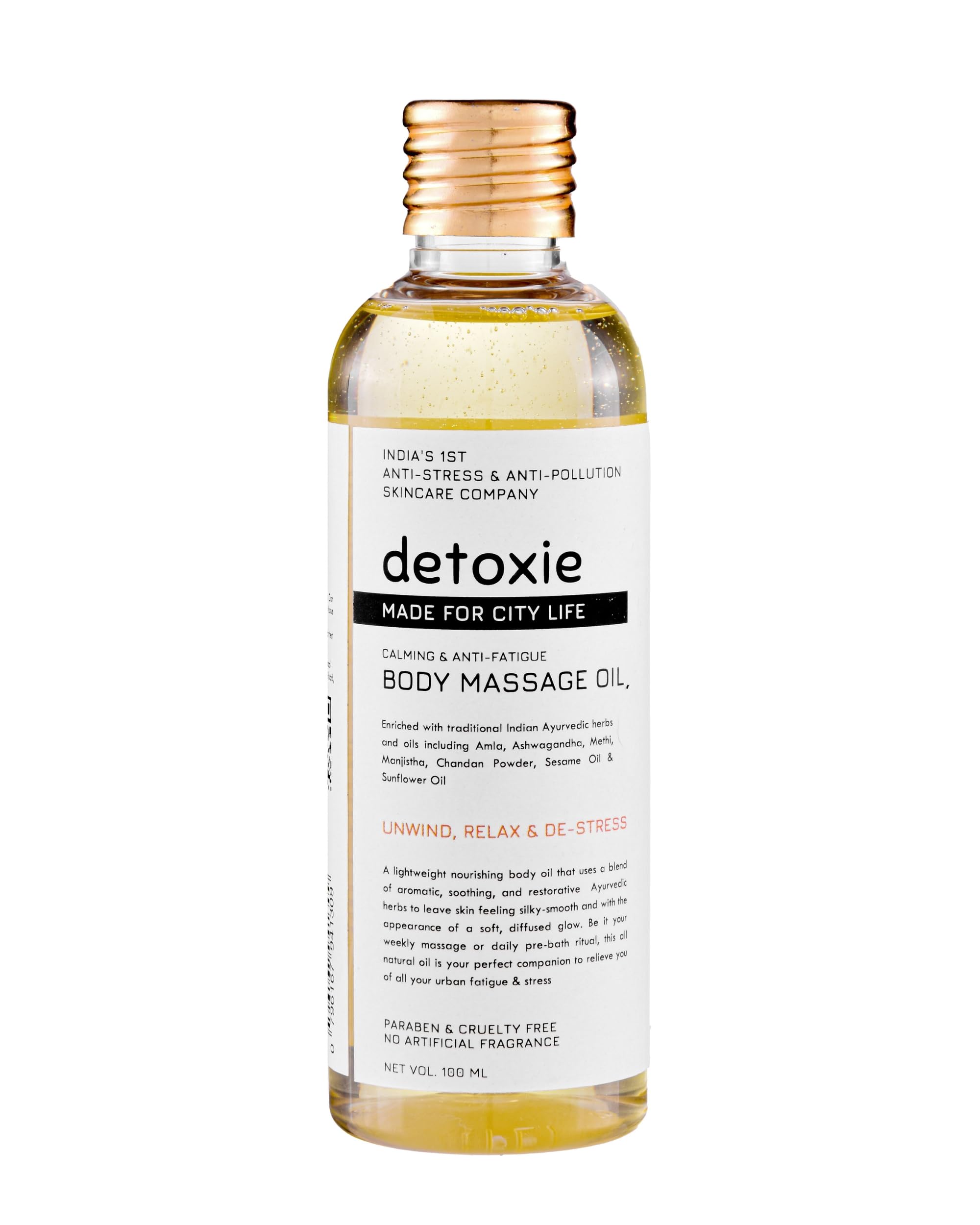 Detoxie Anti-Fatigue Body Oil | Lightweight, 100% Ayurvedic Oil | Softens & Nourishes | Amla, Ashwagandha, Methi, Manjistha, Chandan Powder & Sesame Oil | All Skin Types | 100ml