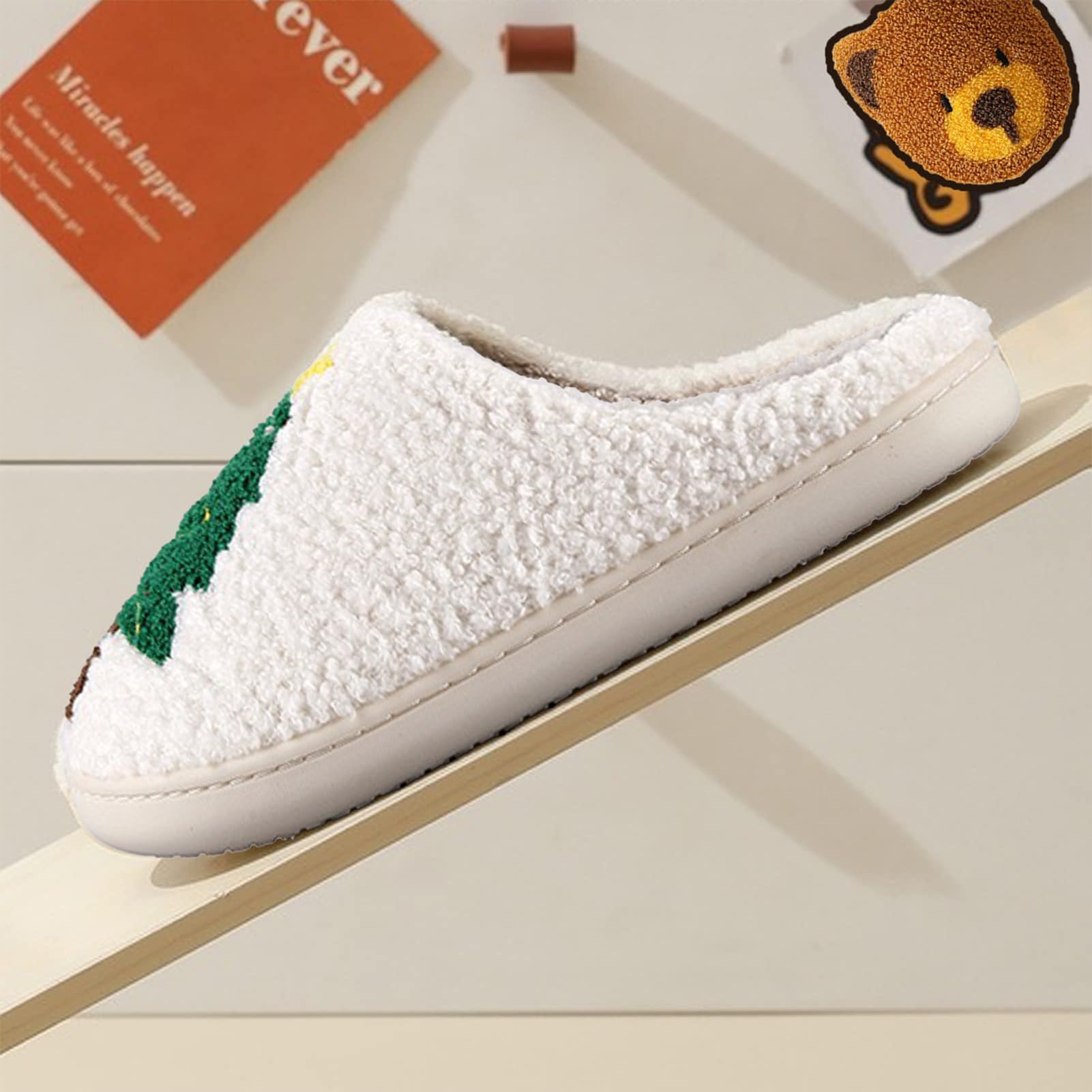 Halloween Christmas Slippers Checkered Scuff for Women and Men Holiday Indoor Bedroom Fluffy Warm Fleece Slippers Winter Soft Cozy Home Non-Slip Soft Plush Slip-on Wool Lined House Shoes: Tree 6.5-7.5 Women/5.5-6 Men