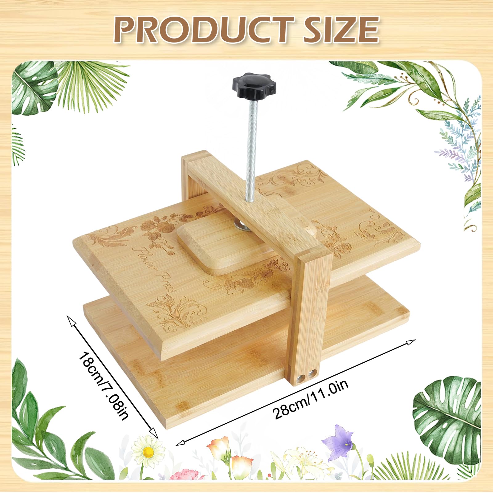 Whemyreat Set per rilegatura a libro, pressa per fiori, in legno, per fai da te, set di conservazione per piante floreali pressate, pressa di carta, set con 6 pezzi di carta assorbente, 1 pinzetta