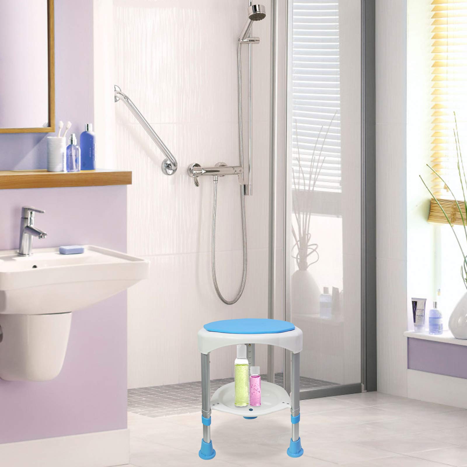 Froadp 360° Girevole Sgabelli da Bagno in Alluminio, Sedile da Doccia Senza Schienale, Sgabello Regolabile in Altezza, Sedia con Piedini Antiscivolo per Anziani Donne Incinte (Tipo C, Carico 200KG)