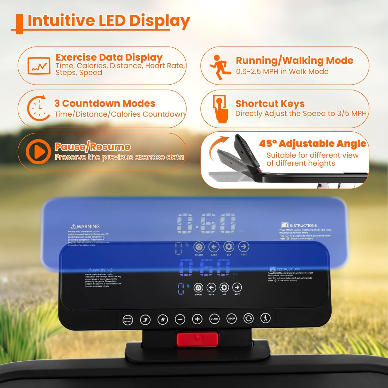 Close-up image of the GYMAX treadmill's intuitive LED display and control panel, showing exercise data, mode selection, and shortcut keys.