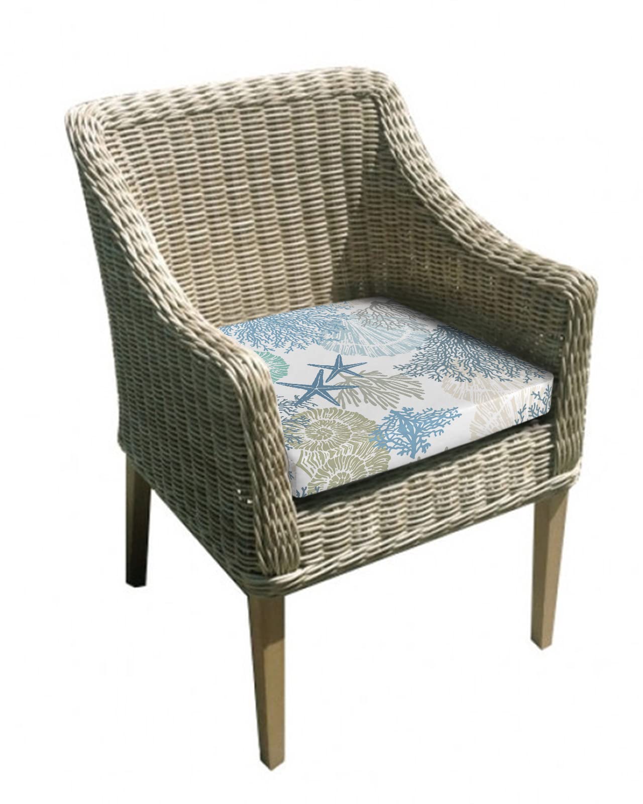 2 Pack Nautical Coral Shell Starfish Waterproof Cushion Covers with Ties, Outdoor Patio Chair Seat Cushion Slip Covers Replacement Summer Beach Ocean Sea Blue 20''x18''x4''