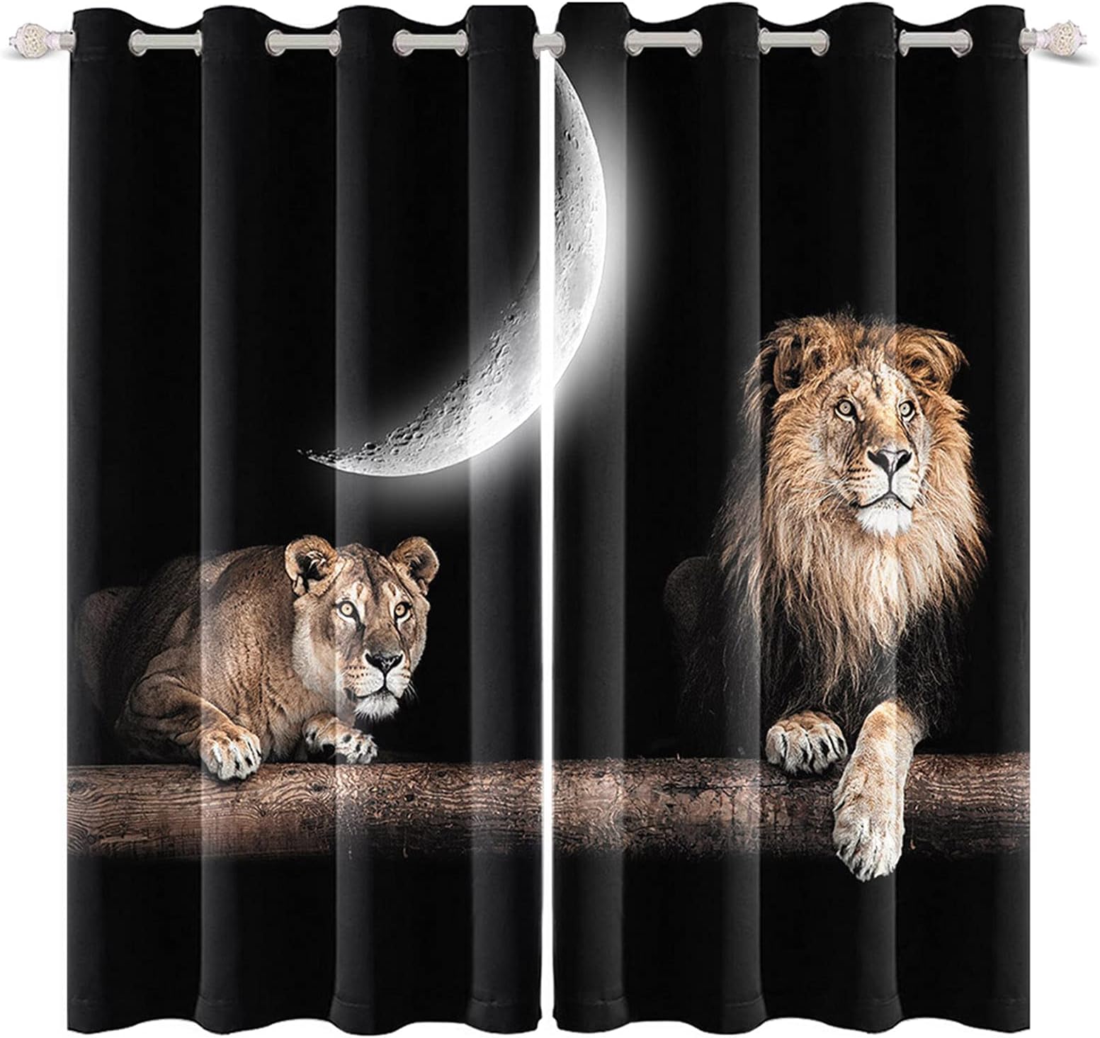Leyiyi Lion and Lioness Black Curtains African Wildlife Animal Window Drapes Grassland King of Jungle Tree Trunk a Crescent Moon Blackout Thermal Insulated Curtains for Bedroom,26x63 inch,2 Panels