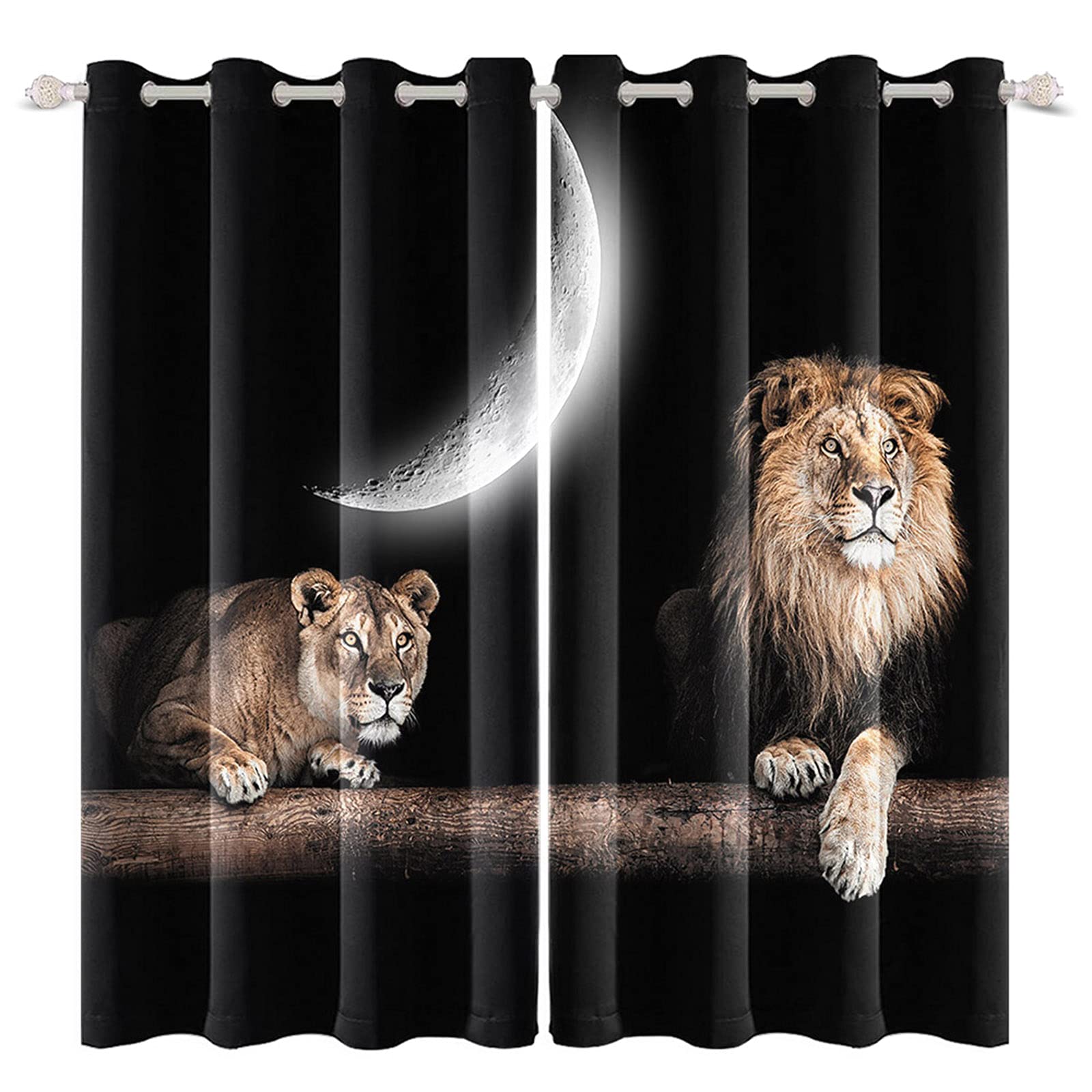 Leyiyi Lion and Lioness Black Curtains African Wildlife Animal Window Drapes Grassland King of Jungle Tree Trunk a Crescent Moon Blackout Thermal Insulated Curtains for Bedroom,26x63 inch,2 Panels