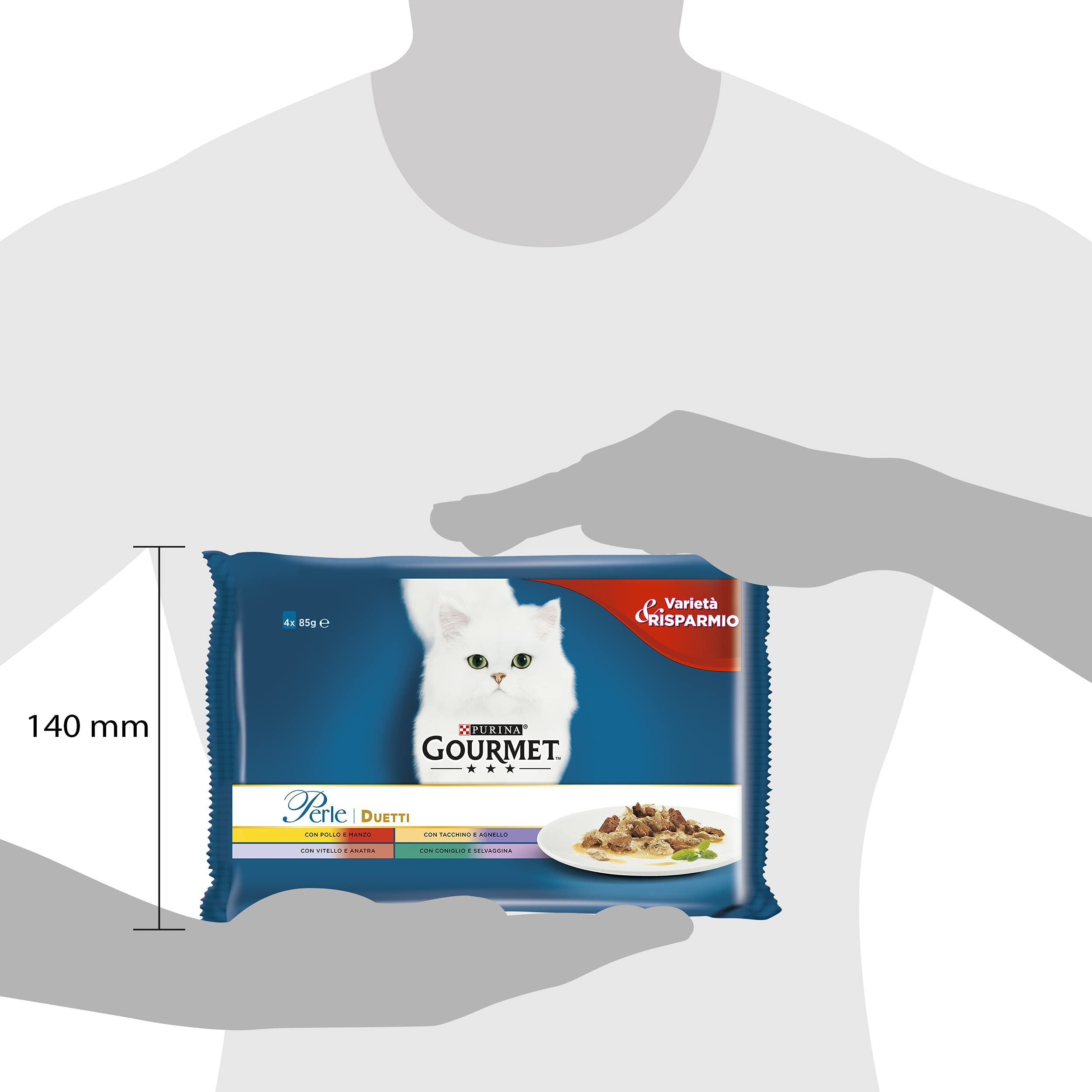 Purina Gourmet Perle Humidas Gato Duetti con Carnes Delicadas con Carne y Pollo, Tacchino y Cordero, Ternero y Pato, Conejo y Selvaggina - 48 Sobres de 85 g Cada uno (12 Paquetes de 4 x 85 g)