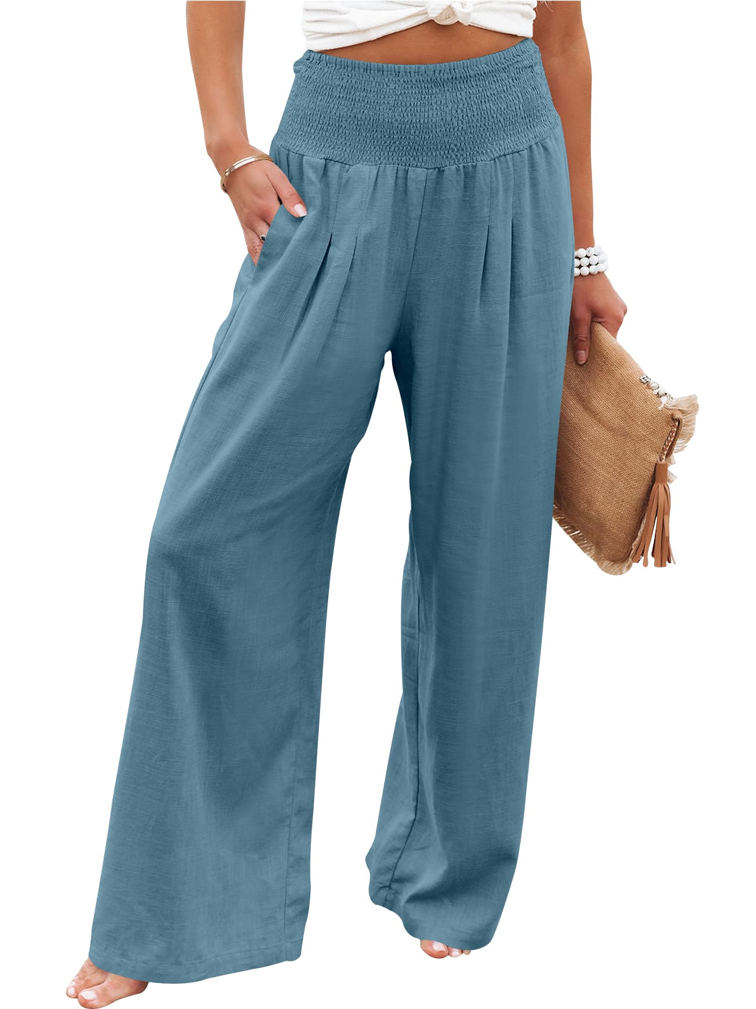 Women Linen Palazzo Pants Summer Boho Wide Leg High Waist Casual Lounge Pant 2026 Beach Travel Vacation Outfits