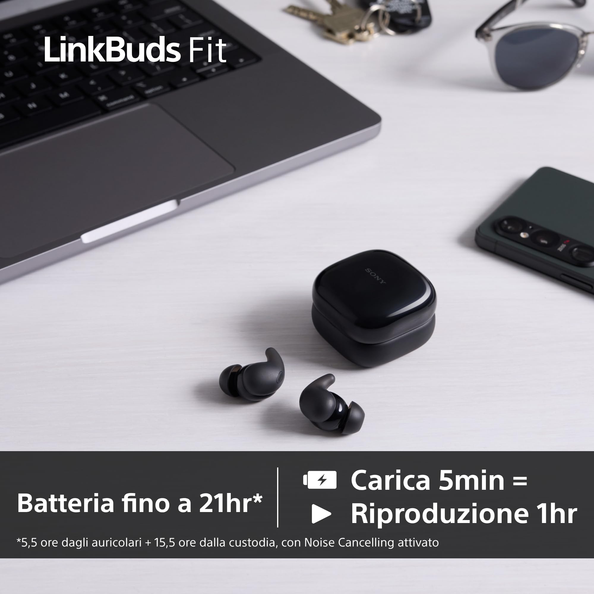 Sony LinkBuds Fit - Cuffie True Wireless Bluetooth con Noise Cancelling - Comfort a lungo, IPX4, High-Res Audio, modalità Ambient Sound, batteria fino a 21 ore, Multipoint, iOS e Android - White