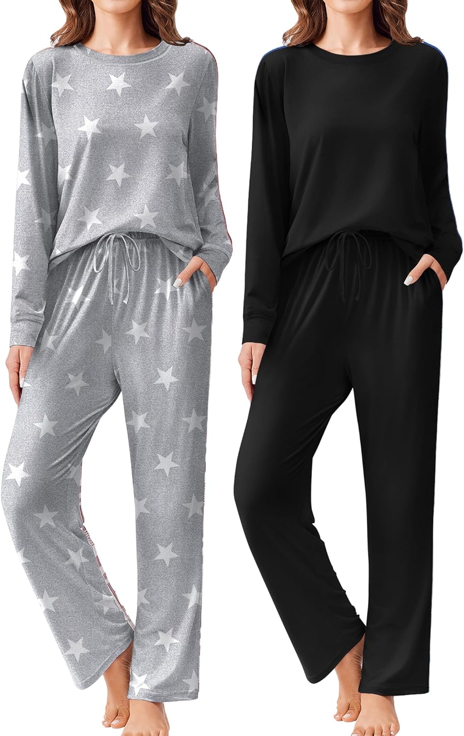 Ekouaer 2 Pack Women Pajama Long Sleeve Sleepwear Soft Loungewear Pjs Sets with Pockets S-XXL