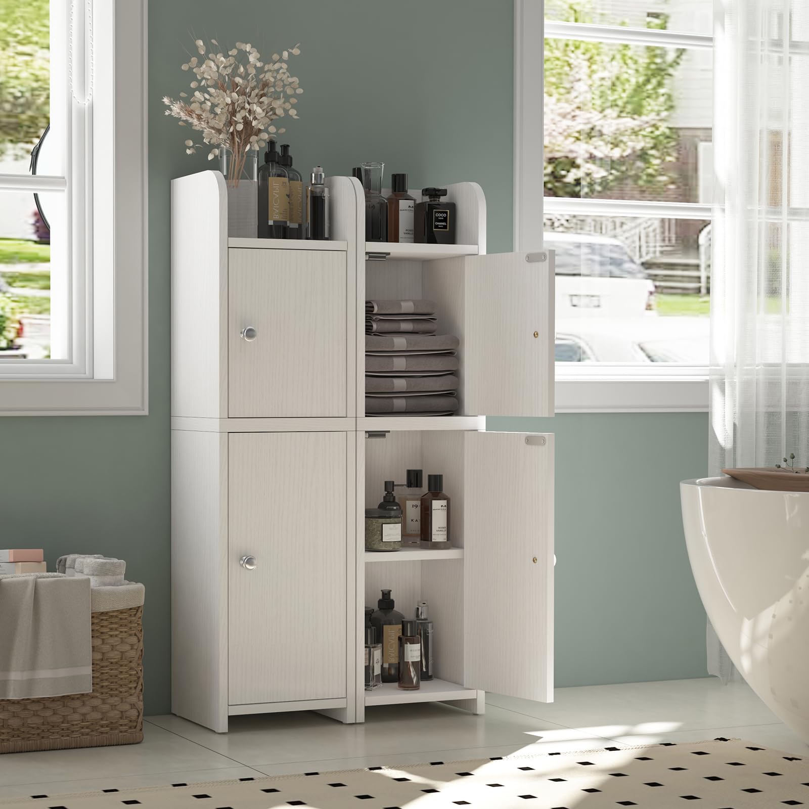 WEENFON Small Bathroom Storage Cabinet, Small Cabinet with Doors and Adjustable Shelves, Corner Floor Cabinet, for Small Spaces, Modern Style, White