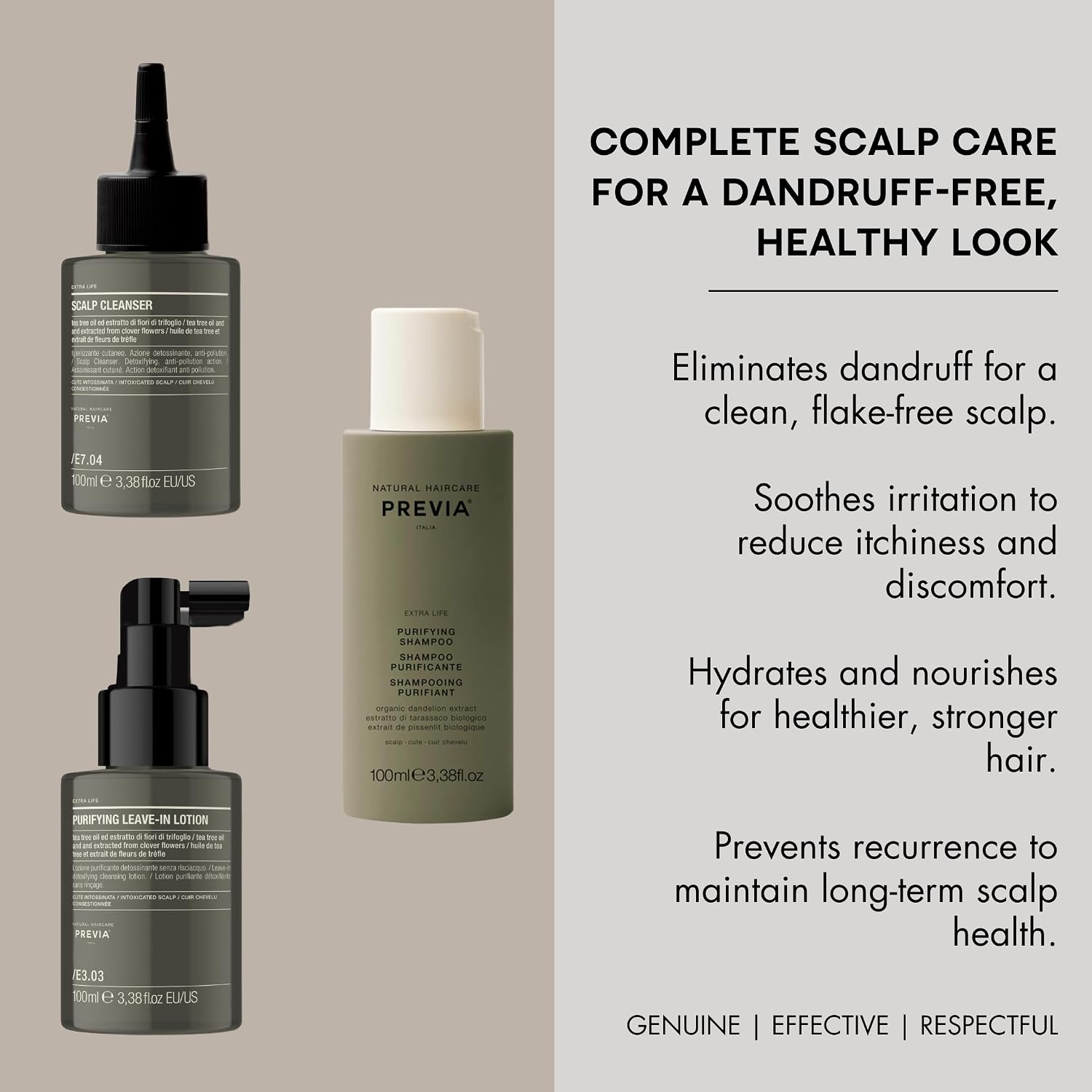 Previa Extralife Anti-Dandruff Scalp Treatment Kit, Purifying Shampoo, Scalp Cleanser and Leave-In Lotion, 3.4 oz each