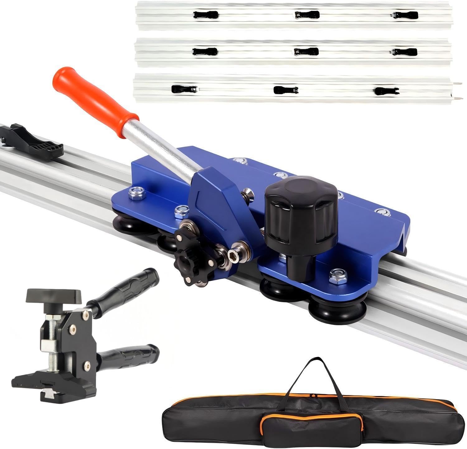 110" professional large format manual tile cutter with built-in suction cups & tile pliers, 3 push knives - cuts porcelain, ceramic & stone tiles up to 4.7" thick (blue)