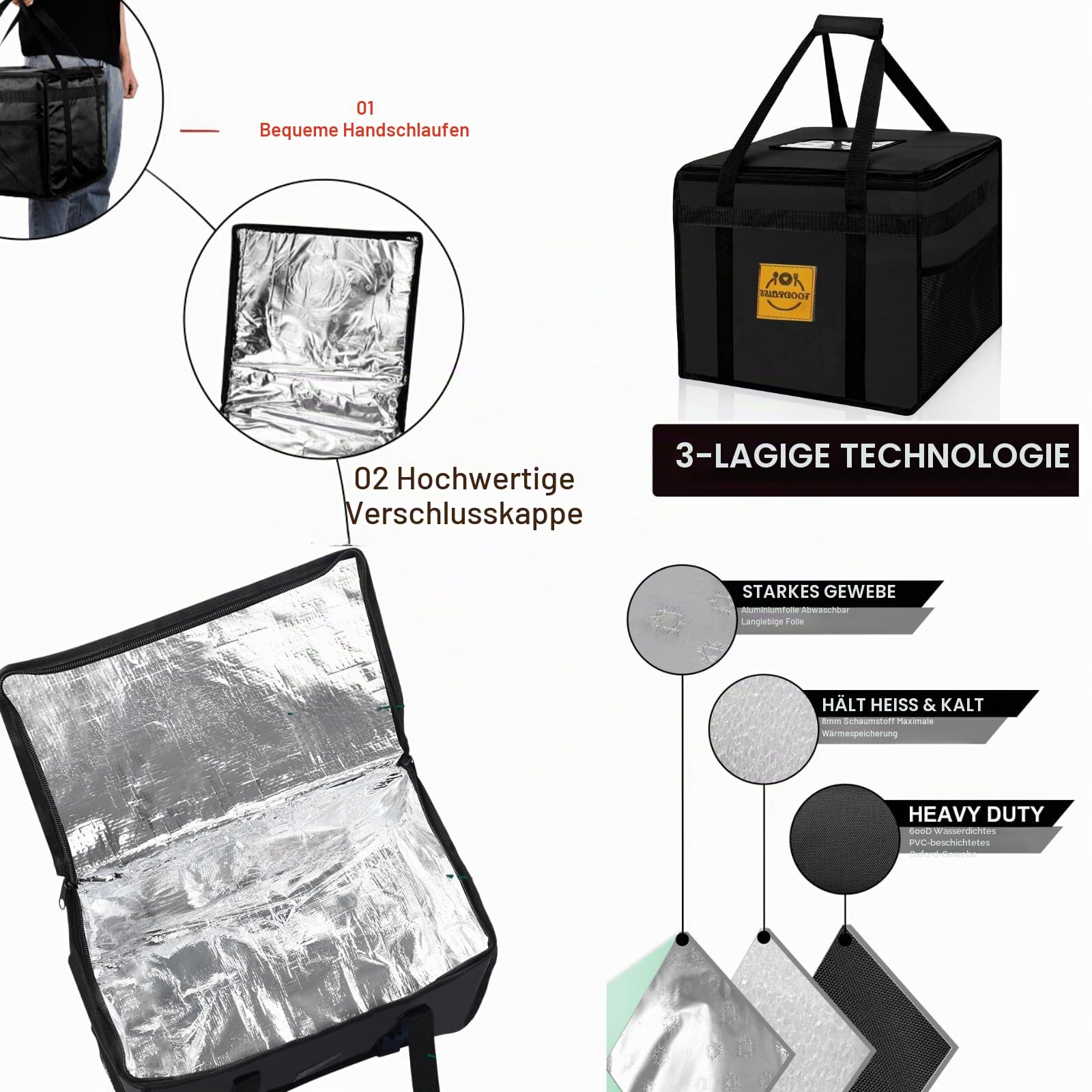 Premium Hot Food Delivery Bag 45L – Pizzaschachteln, Thermobeutel für Uber Eats & Just Eat/Deliveroo – Isolierte Kühlbox für frische Lebensmittel, Einkäufe/Picknick, Schwarz