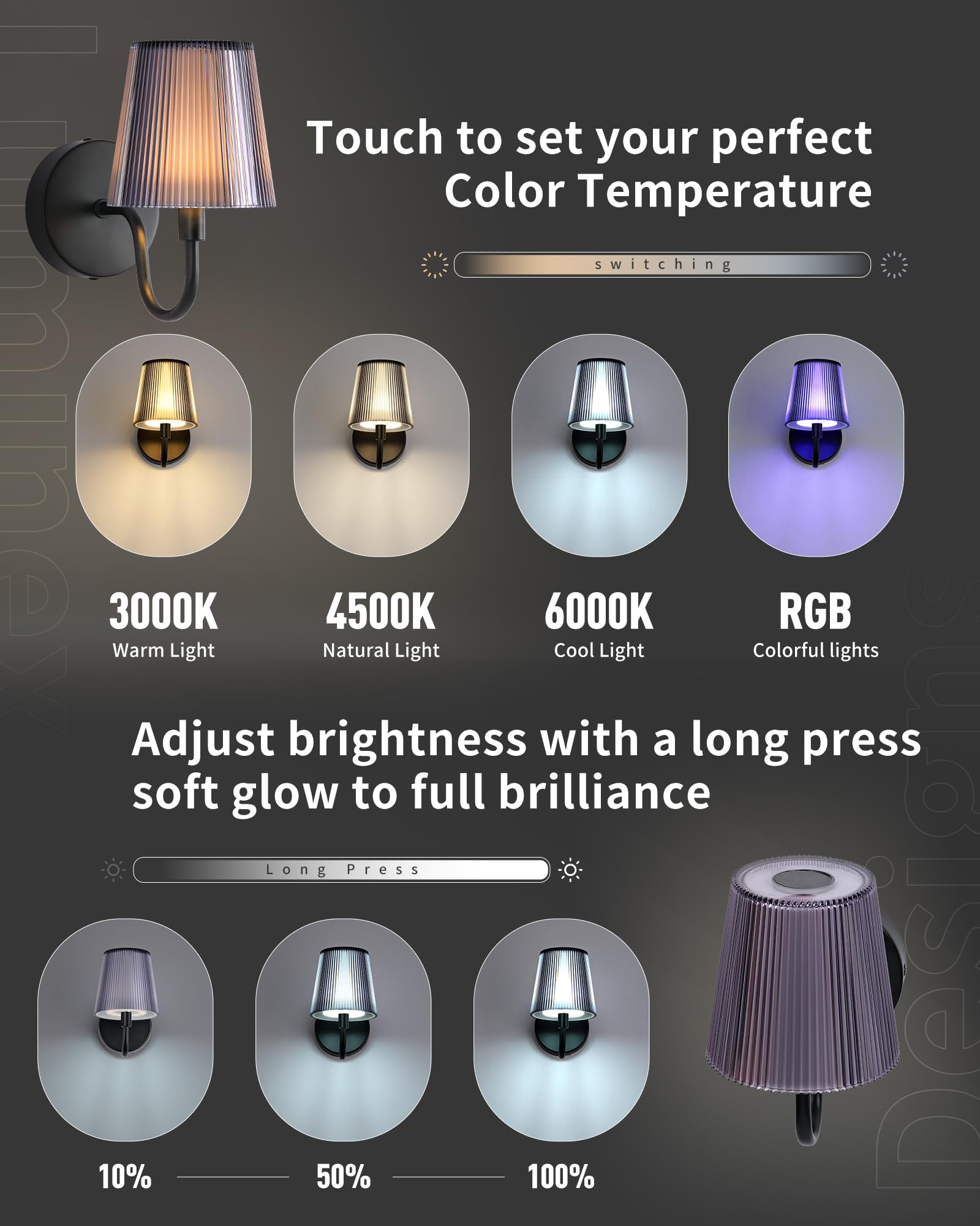 LumniexDesigns Wandleuchten Wiederaufladbare Wandlampen für Wohnzimmer RGB und 3 Farbtemperaturen Dimmbar Kabellose Bilderleuchten mit Touch-Steuerung und Fernbedienung für Treppen Flur 2 Stück