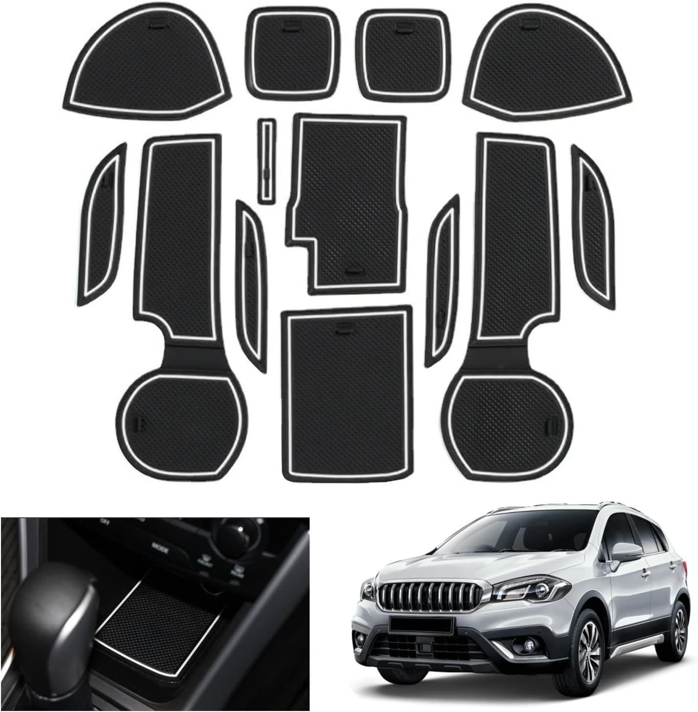 GAFAT Suzuki SX4 S-Cross 2016-2021 Non-Slip Rubber Mats - Centre Console, Cup Holder, Door Seam Mats - White