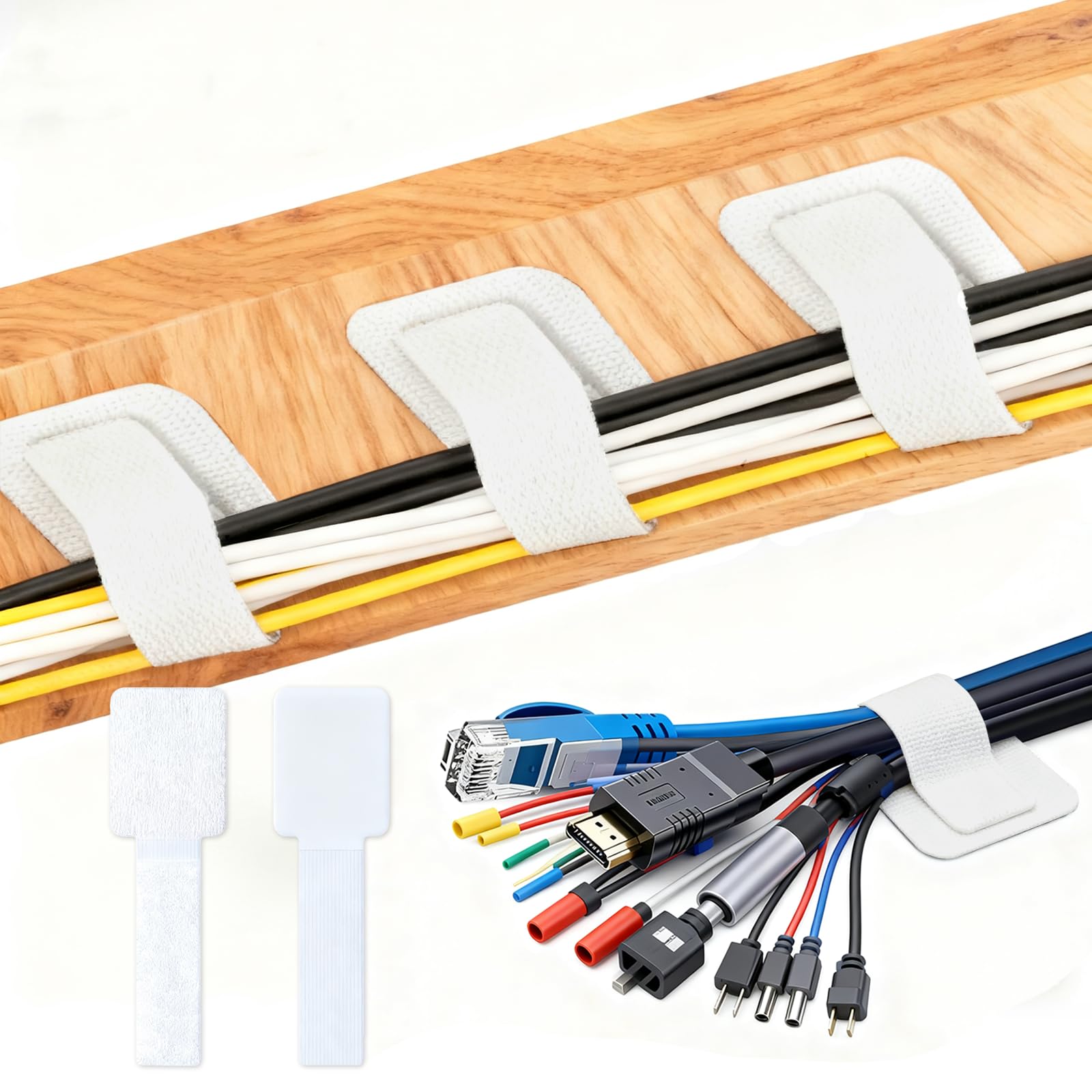 50-pack self-adhesive cable ties, reusable fastening and organizing data cables, cable management ties, suitable for headphones, mobile phones, and electronic devices under the table - White