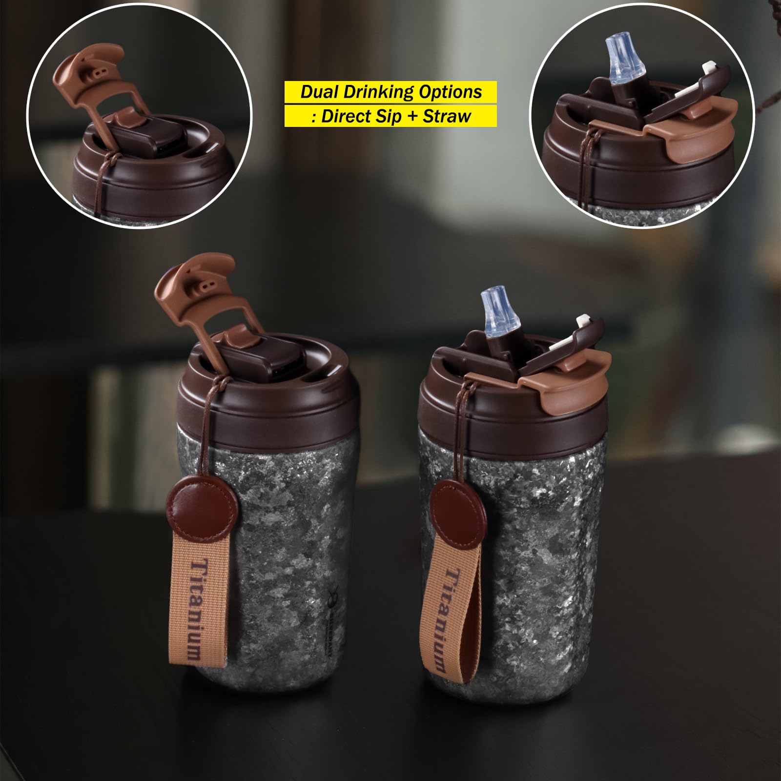 SILVERANT Isolierter Titan-Kaffeebecher mit Strohhalm, doppelwandiger Becher, wiederverwendbar und auslaufsicher, hält Flüssigkeiten heiß oder kalt, für den Innen- und Außenbereich (400 ml, Schwarz