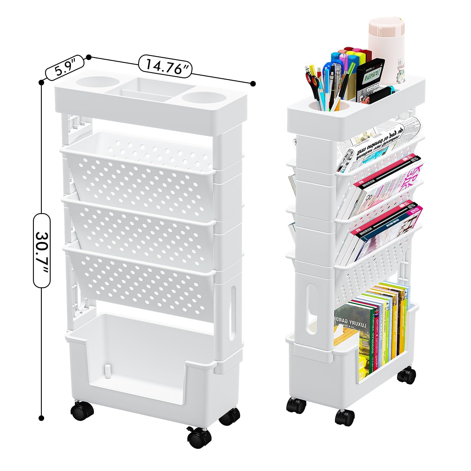 Carrello Libreria Mobile 2 Livelli Con Rotelle - Organizzatore Spazioso Per Libri E Riviste - Foto 10