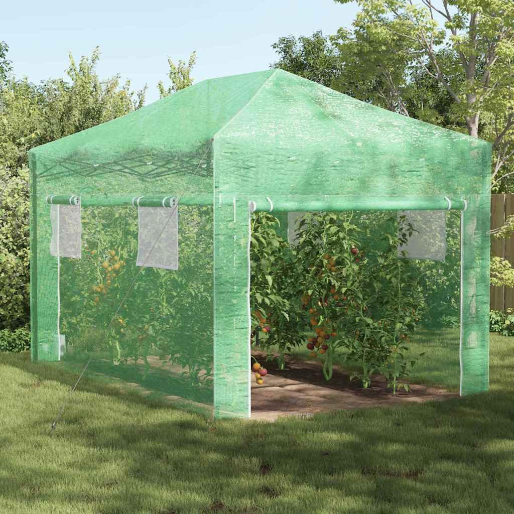 Serra con telaio pop-up, verde, 290 x 430 x 315 cm, in ferro, resistente alle intemperie, per giardino, balcone e terrazza, con copertura, porta, finestra, scaffale, protezione antigelo e
