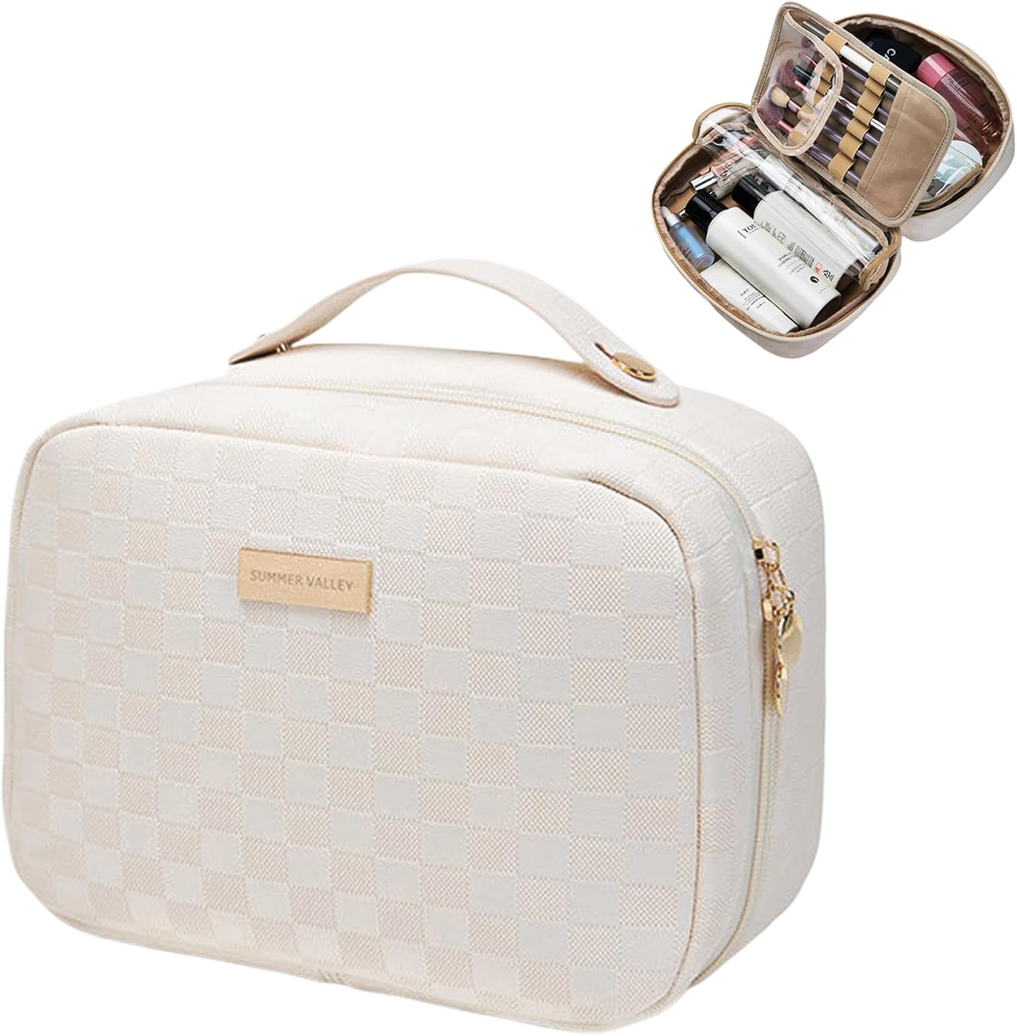 YDR Toiletry Bag with Brush Holder,Travel Makeup Bag Large Capacity Cosmetic Bag Organizer for Women Waterproof Checkered Multi-Compartment Makeup Case