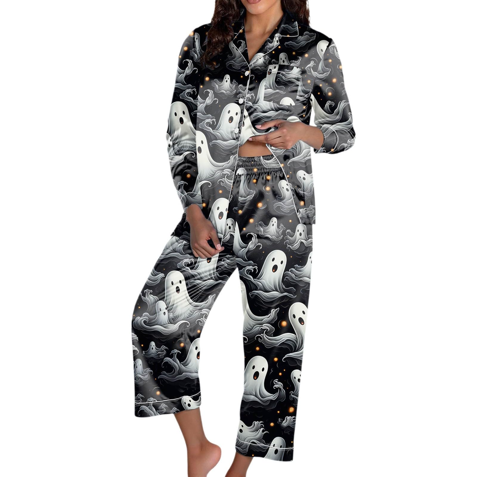 Genérico Pijama Manga Larga Mujer - Conjunto de Pijama para Mujer con temática de Halloween Conjunto de Pantalones de Manga Larga Ropa Informal Suave y cómoda para Noches acogedoras y relajación