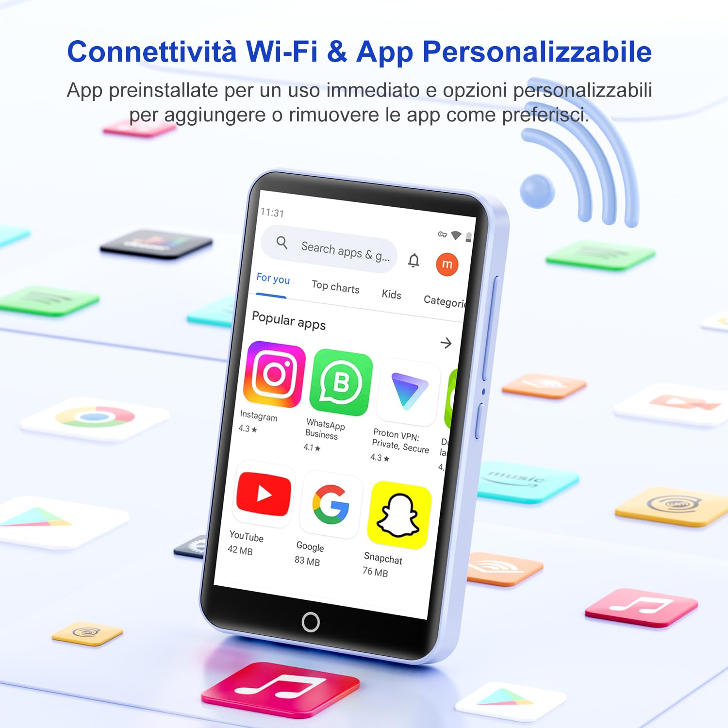 Lettore MP3 da 80 GB con Bluetooth e WiFi, Mp3 e Mp4 Musicale Lettore con Fotocamera, MP3 Player Schermo Tattile da 4.02 pollici, Lettore MP4 Android Portatile con Spotify, Audible, app Play Store