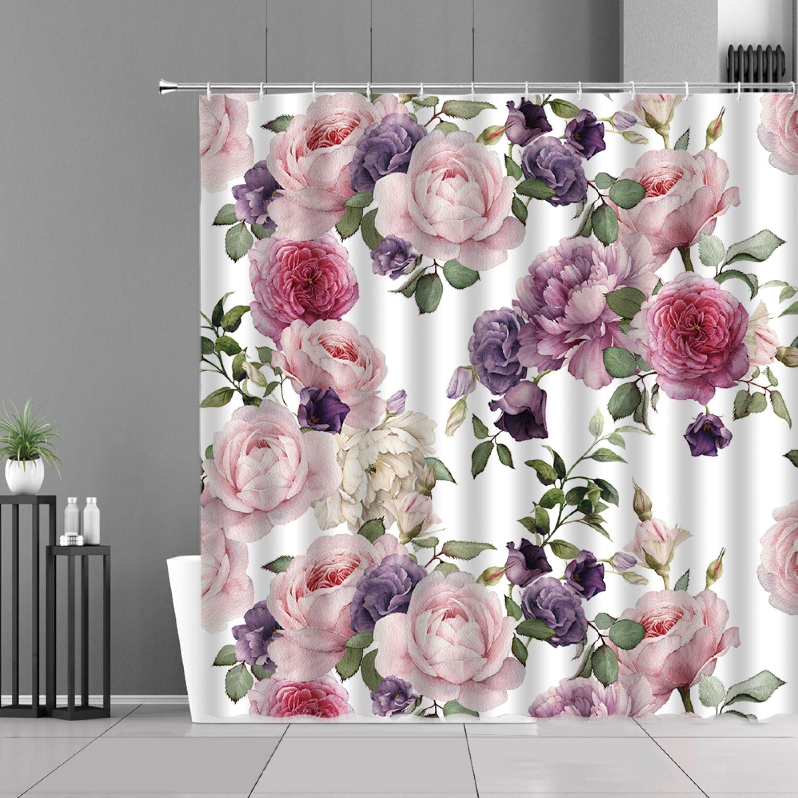 Rosa Rosen-Blumen-Duschvorhang-Frühlings-Blumen-Pflanzen-Grün-Blätter-Stoff-Vorhänge-europäisches Hauptbadezimmer-Dekor-wasserdicht 300x200cm/118x78in(WxH)