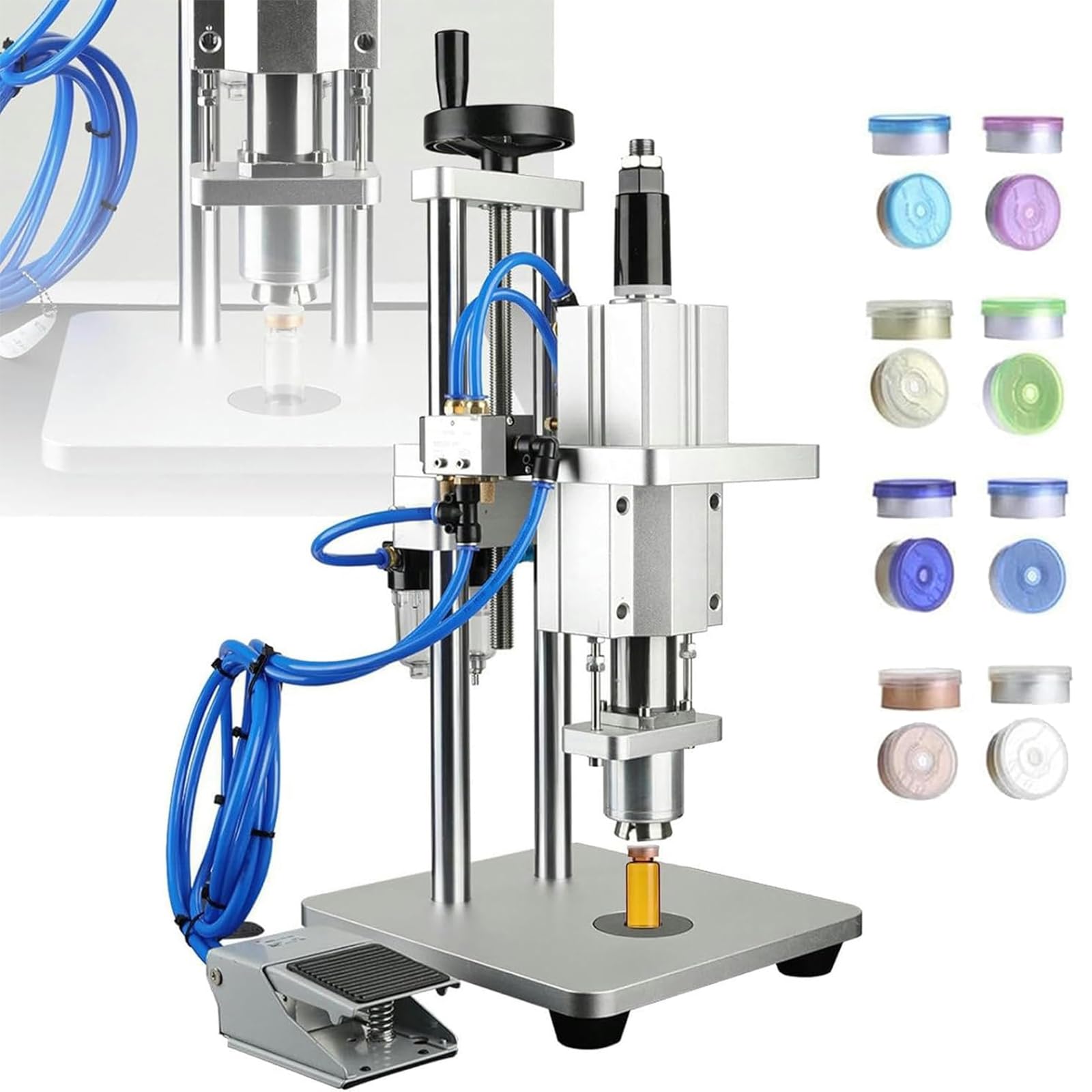Máquina prensadora neumática de viales, sellado automático con ajuste de altura e interruptor de pie, 30-60 piezas/min para sellar viales y tapas de aluminio y plástico