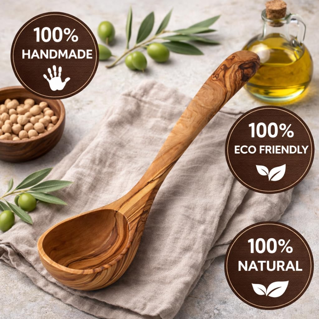 Cucharón de madera de olivo natural – utensilio de cocina artesanal y sostenible – 30 cm